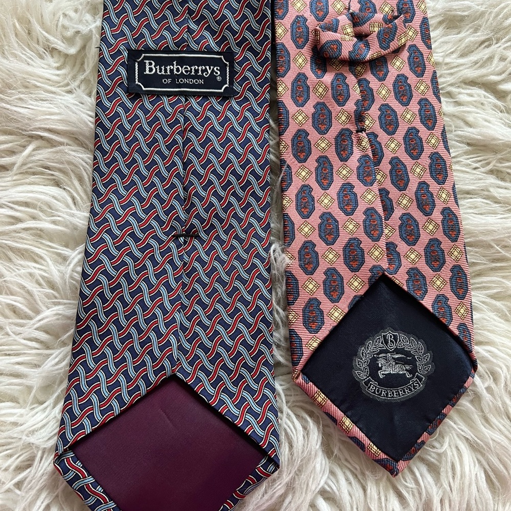 Vintage Burberry Silk Tie Bundle Set of 2 Pink Crest & Red White Blue Woven - Picture 2 of 5